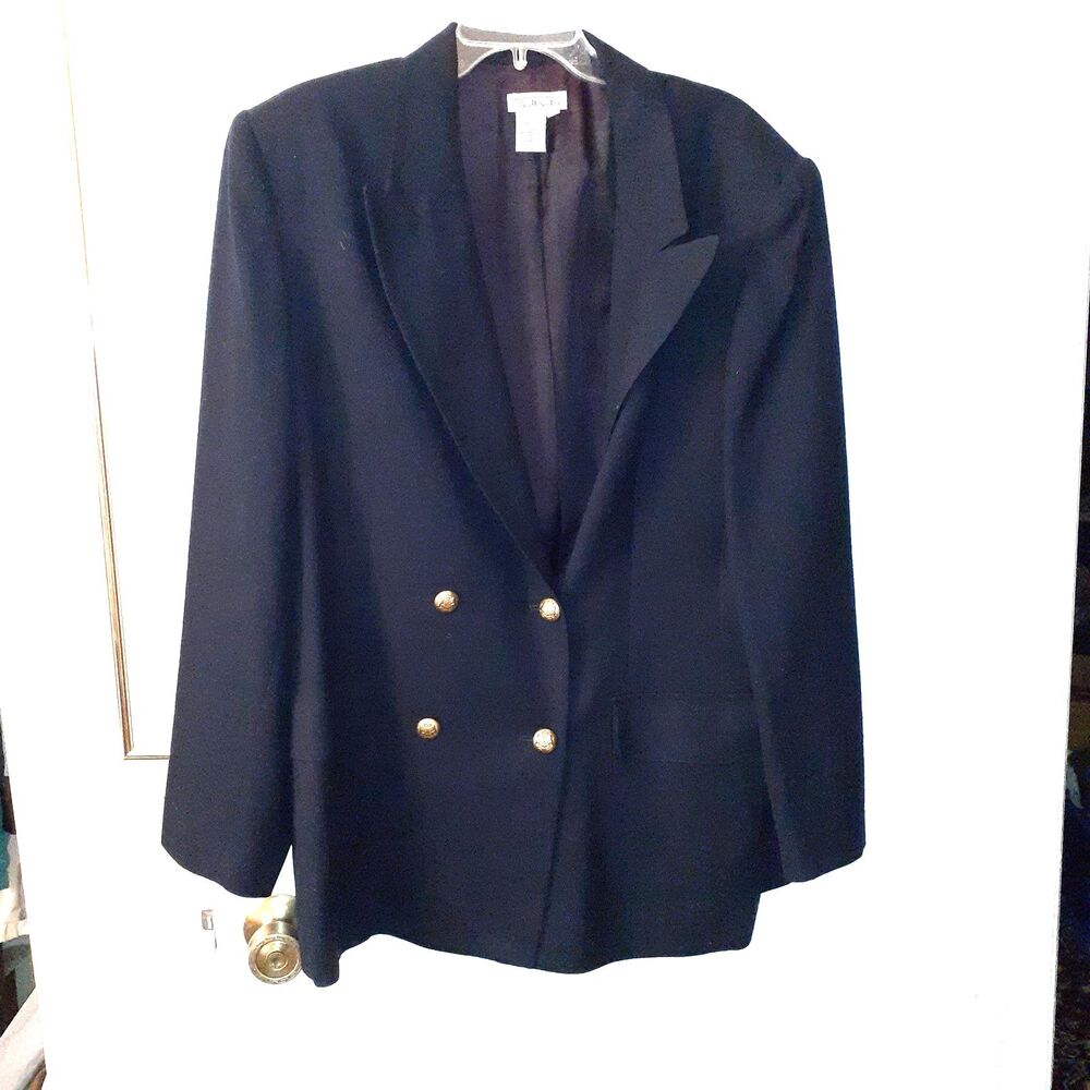 Talbots Women's 20 Navy Blue Double Breasted Wool Blazer Jacket Gold Buttons